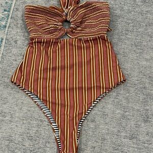 ROVE Strapless One-Piece Swimsuit in Rust and Cream Stripe